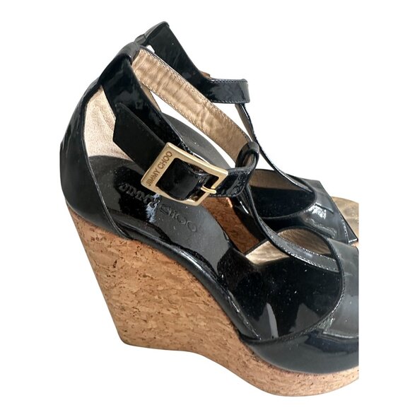 JIMMY CHOO Black Patent Leather Cork Wedges Sandals Size 36.5 - Picture 8 of 16